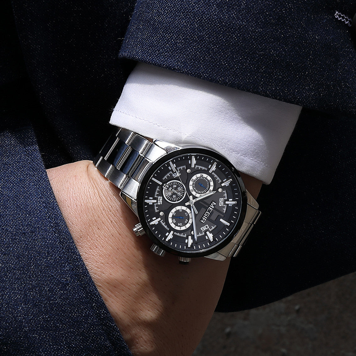 MEGIR Luxury Watch Mens Business Watches Calendar Stainless Steel Quartz Wrist Watch Clock Casual Chronograph Relogio Masculino