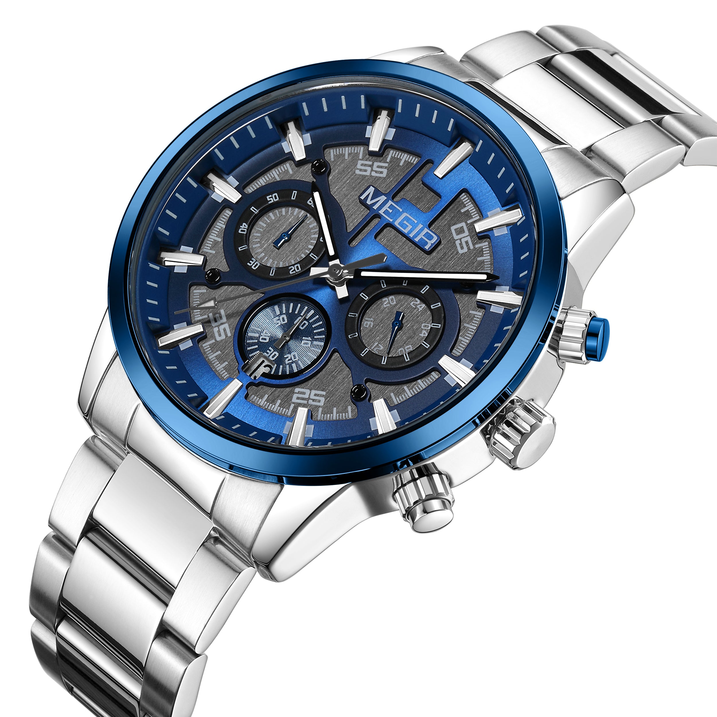 MEGIR Luxury Watch Mens Business Watches Calendar Stainless Steel Quartz Wrist Watch Clock Casual Chronograph Relogio Masculino