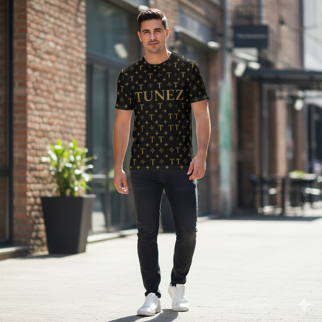 TUNEZ Luxe Monogram AOP T-Shirt – Black & Gold Premium Edition