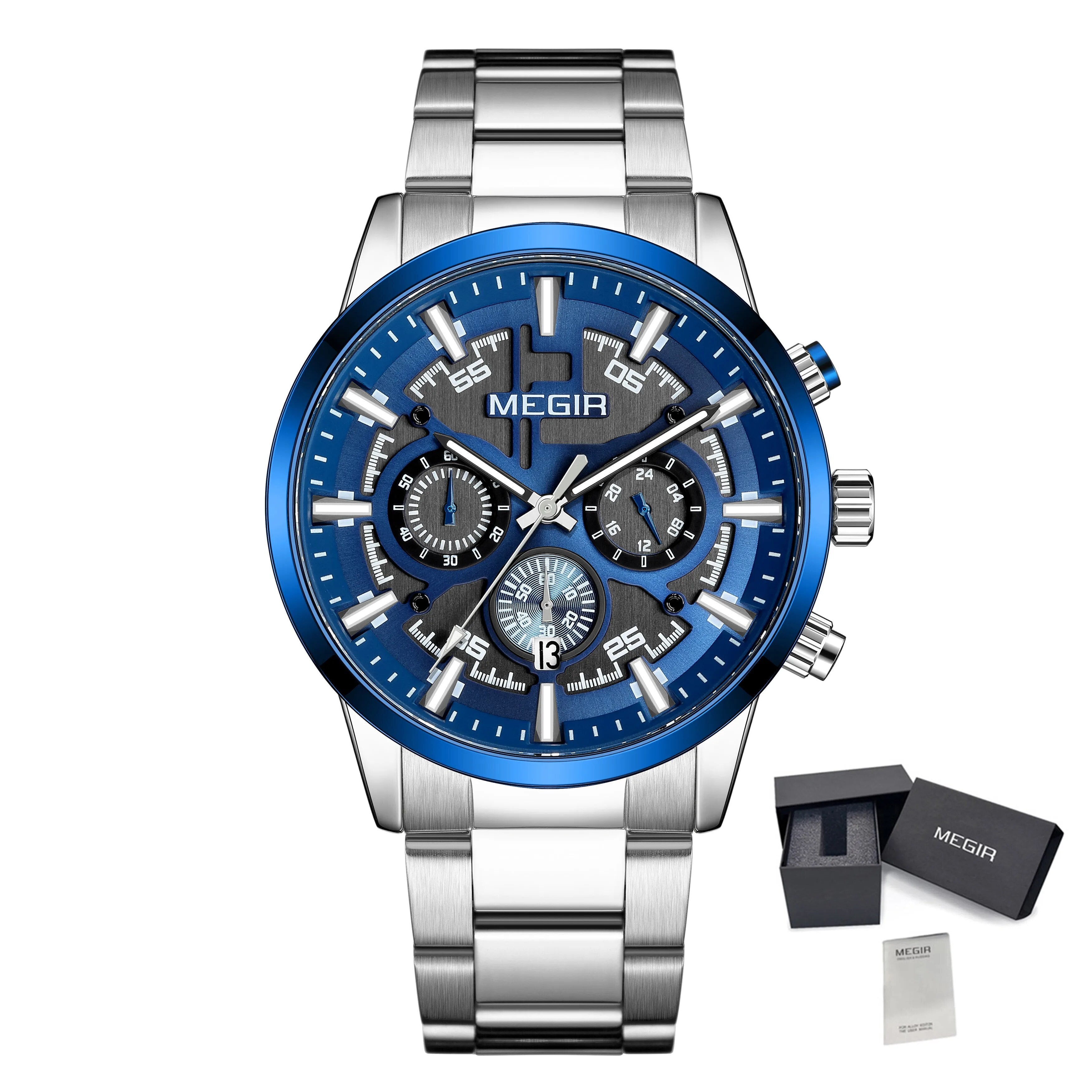 MEGIR Luxury Watch Mens Business Watches Calendar Stainless Steel Quartz Wrist Watch Clock Casual Chronograph Relogio Masculino