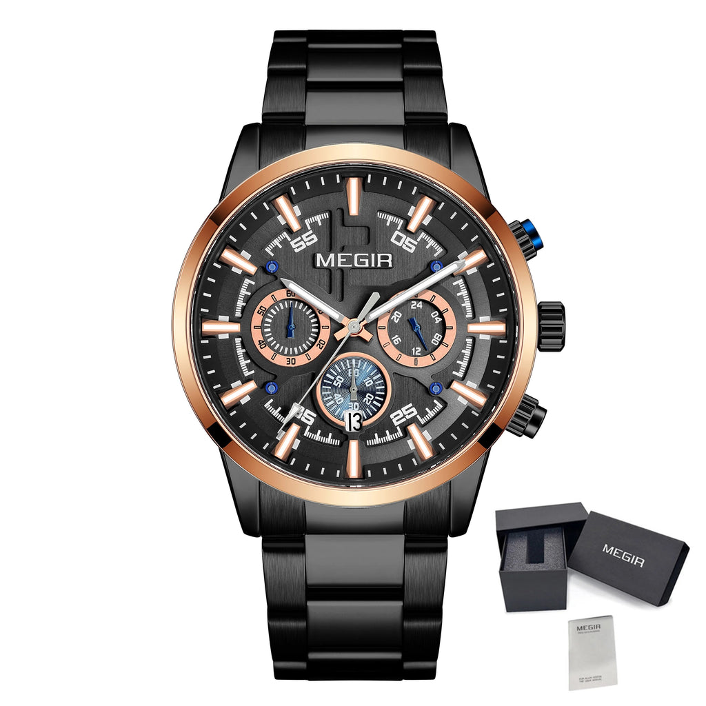 MEGIR Luxury Watch Mens Business Watches Calendar Stainless Steel Quartz Wrist Watch Clock Casual Chronograph Relogio Masculino