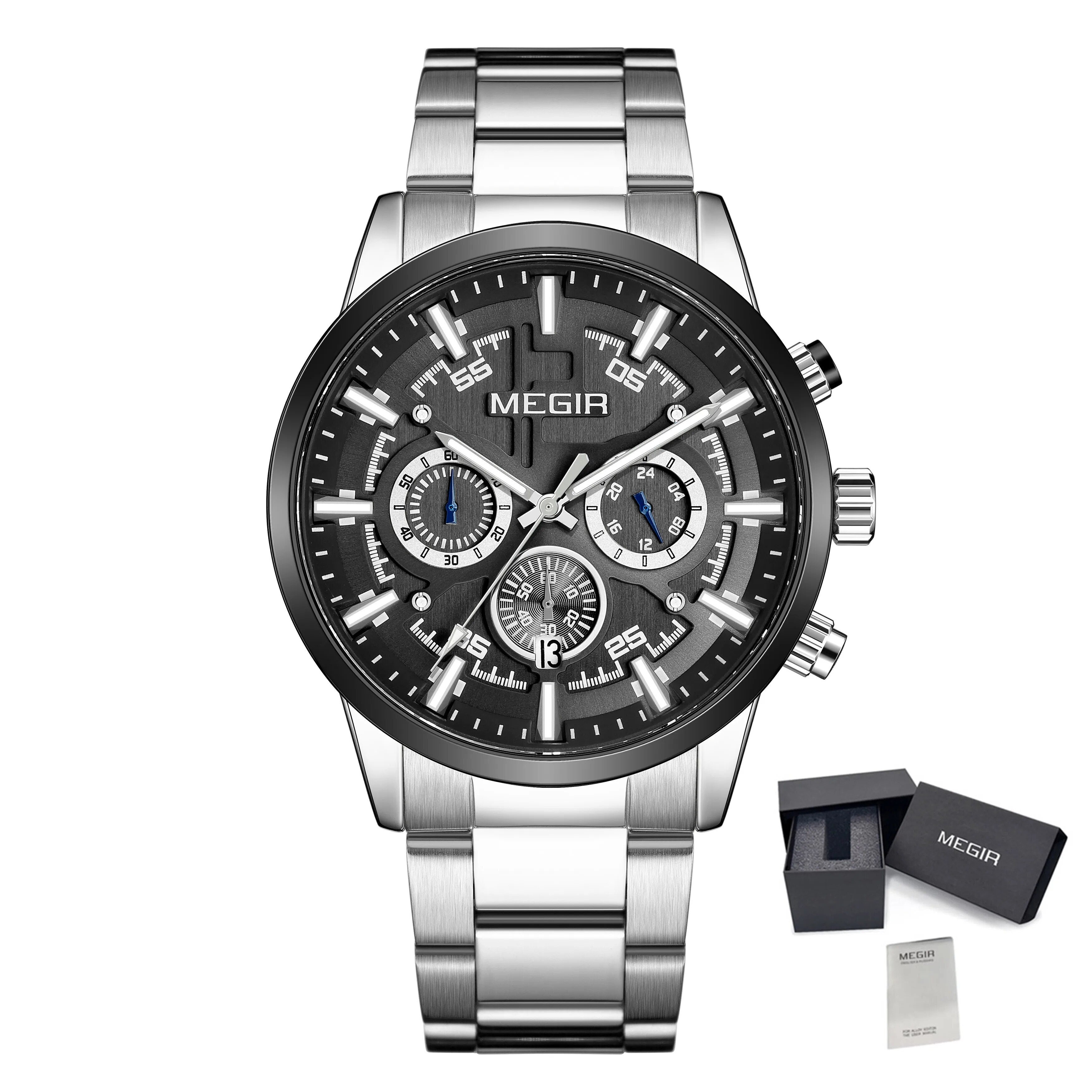 MEGIR Luxury Watch Mens Business Watches Calendar Stainless Steel Quartz Wrist Watch Clock Casual Chronograph Relogio Masculino