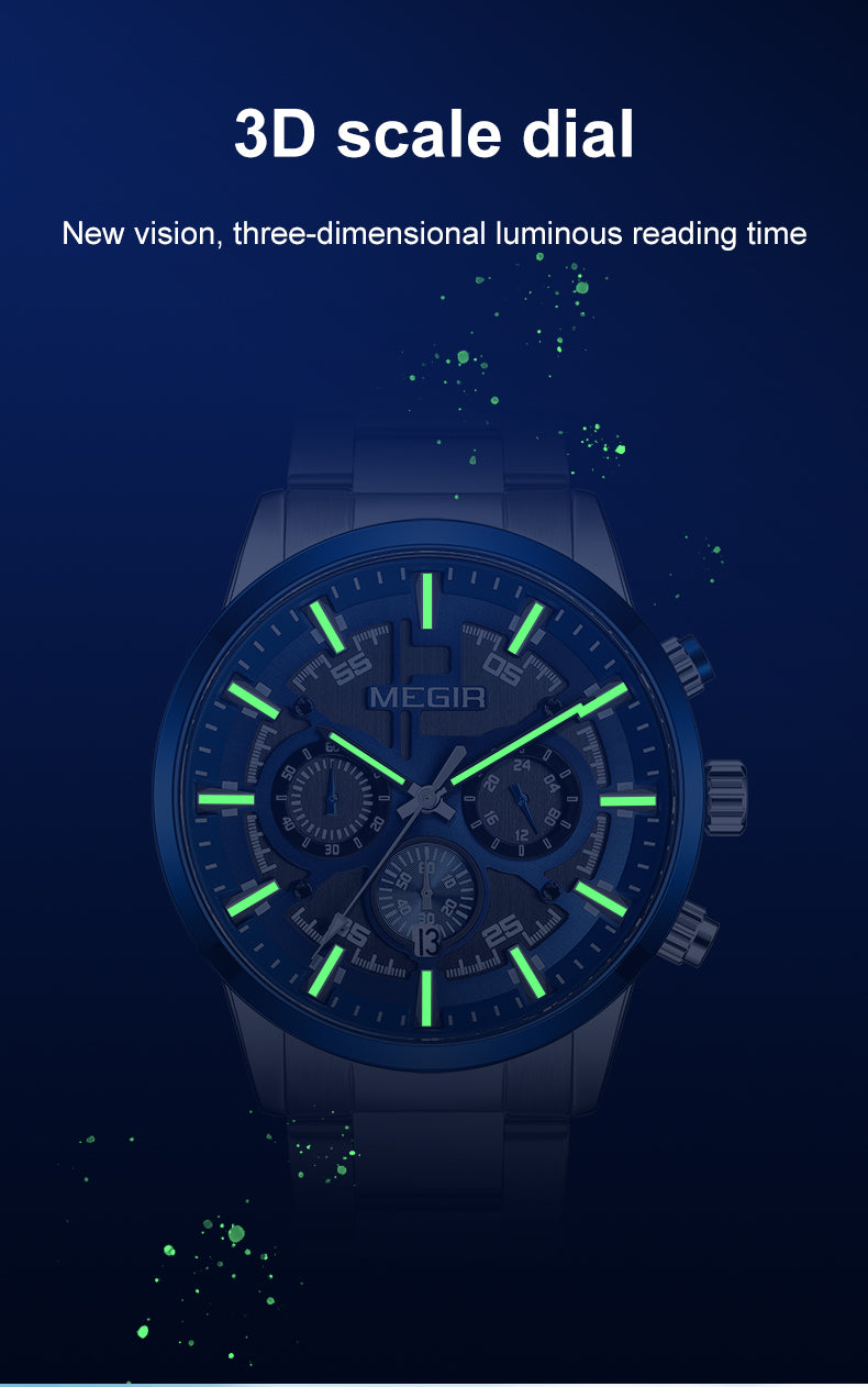 MEGIR Luxury Watch Mens Business Watches Calendar Stainless Steel Quartz Wrist Watch Clock Casual Chronograph Relogio Masculino