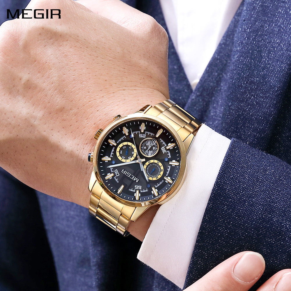 MEGIR Luxury Watch Mens Business Watches Calendar Stainless Steel Quartz Wrist Watch Clock Casual Chronograph Relogio Masculino