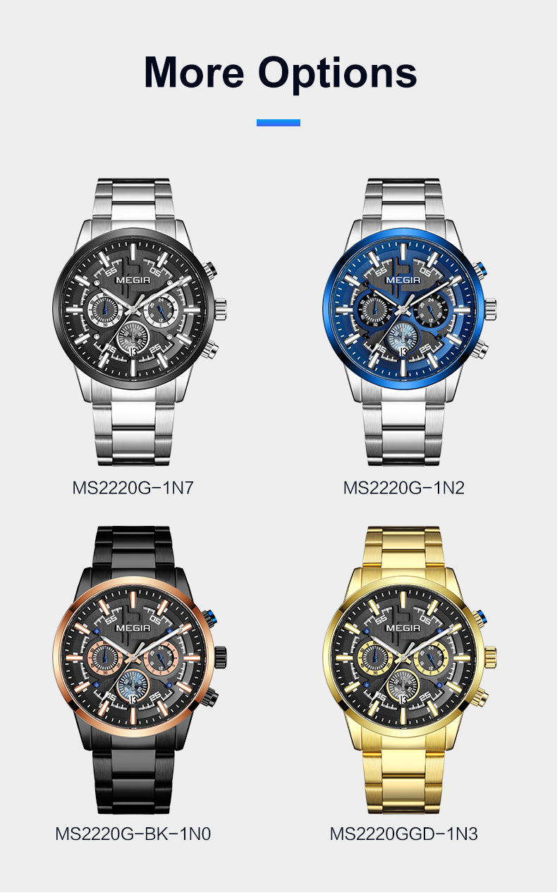 MEGIR Luxury Watch Mens Business Watches Calendar Stainless Steel Quartz Wrist Watch Clock Casual Chronograph Relogio Masculino