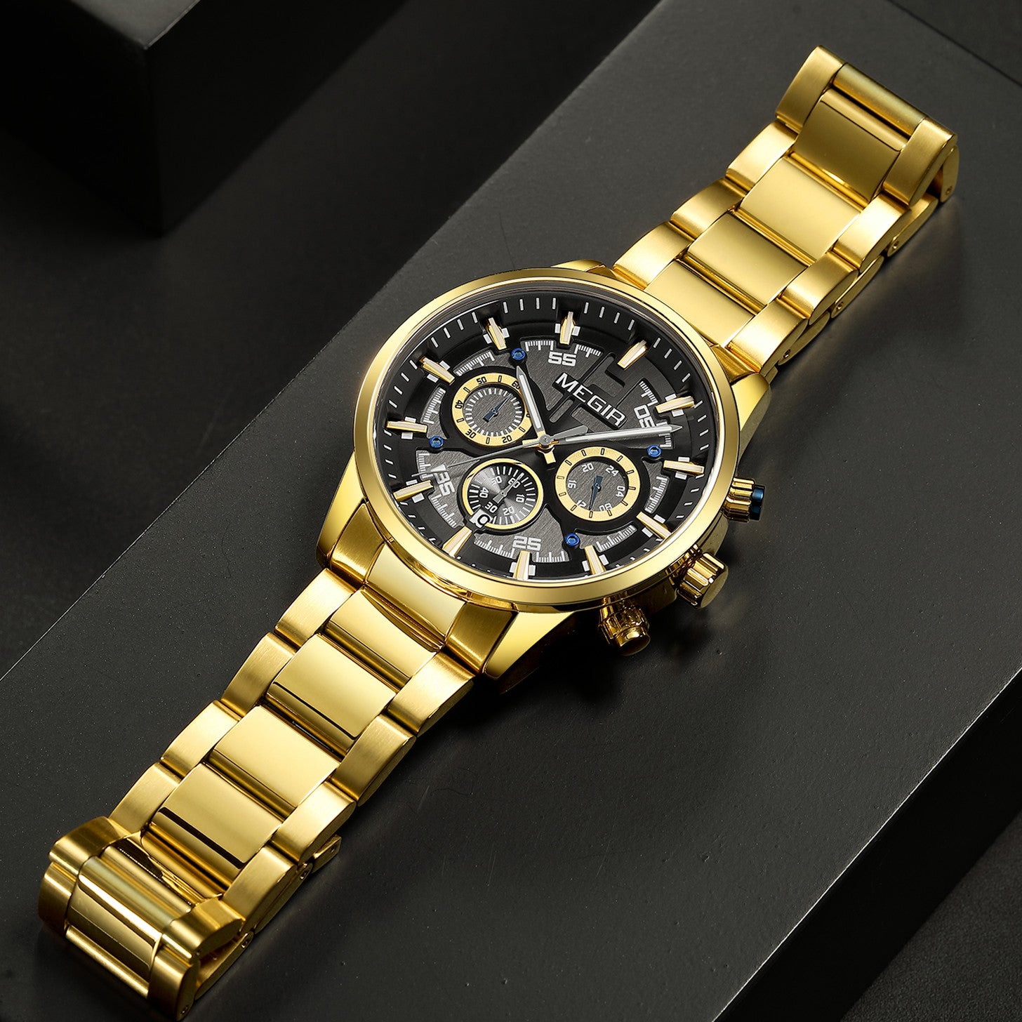 MEGIR Luxury Watch Mens Business Watches Calendar Stainless Steel Quartz Wrist Watch Clock Casual Chronograph Relogio Masculino