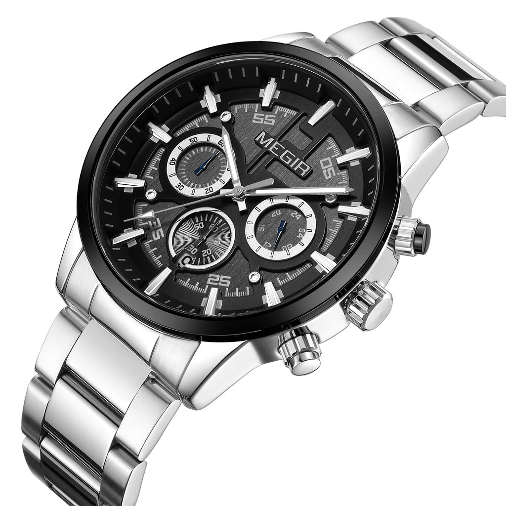 MEGIR Luxury Watch Mens Business Watches Calendar Stainless Steel Quartz Wrist Watch Clock Casual Chronograph Relogio Masculino