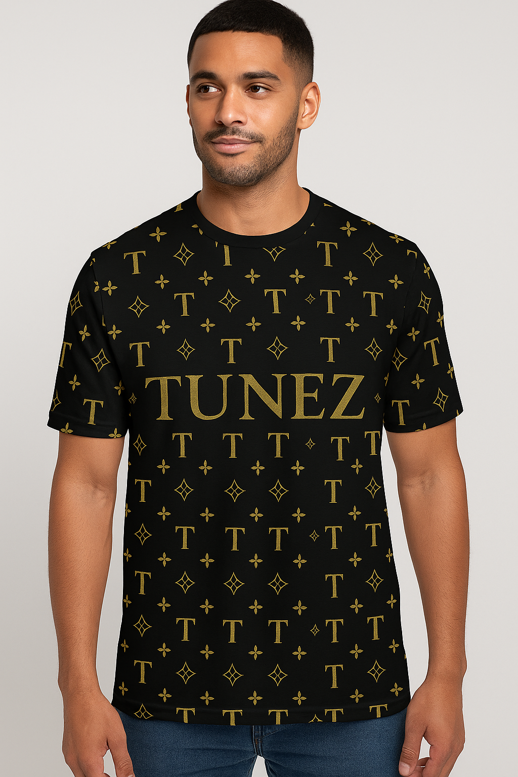 TUNEZ Luxe Monogram AOP T-Shirt – Black & Gold Premium Edition